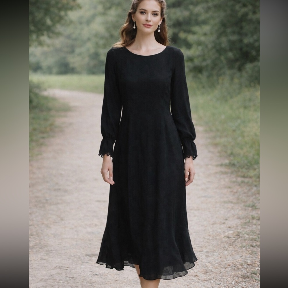 Vintage Laura Ashley Black Midi Silk Flare Bell Long sleeve whimsygoth 10
